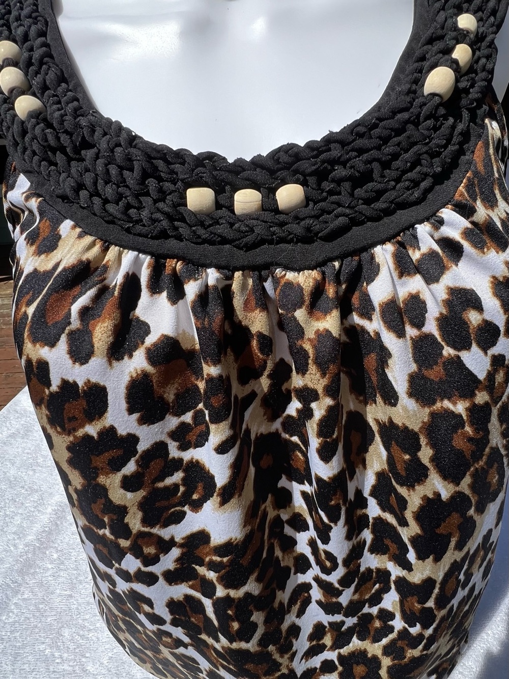 Leopard Print Sleeveless Blouse with Braided Knit Trim - Black/Brown